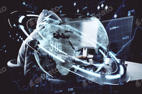Preview: Hacker Using Computer On Abstract Digital Background. Digital Business Interface And Stock Chart