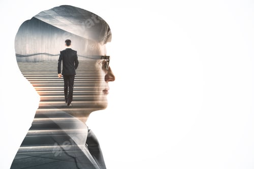 Preview: Creative Image Of Attractive European Man Walking On Abstract Stairs On White Background With Mock