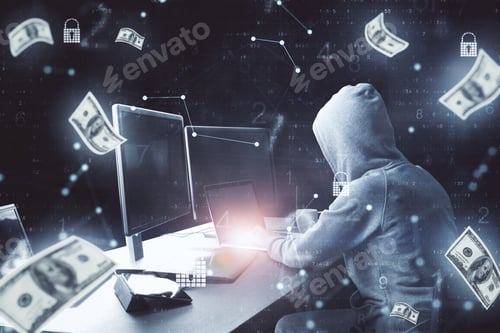 Preview: Hacker Using Computer And Falling Money Bills. Hacking And Financial Success Concept