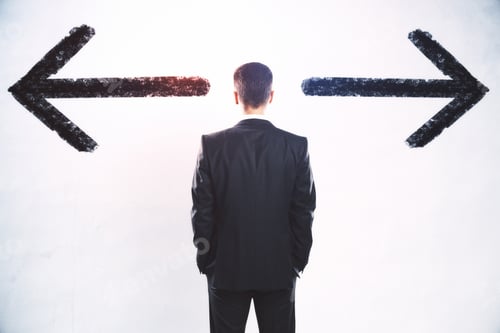 Preview: Business Decision Concept With Back View On Businessman Between Black Arrows Directed In Different