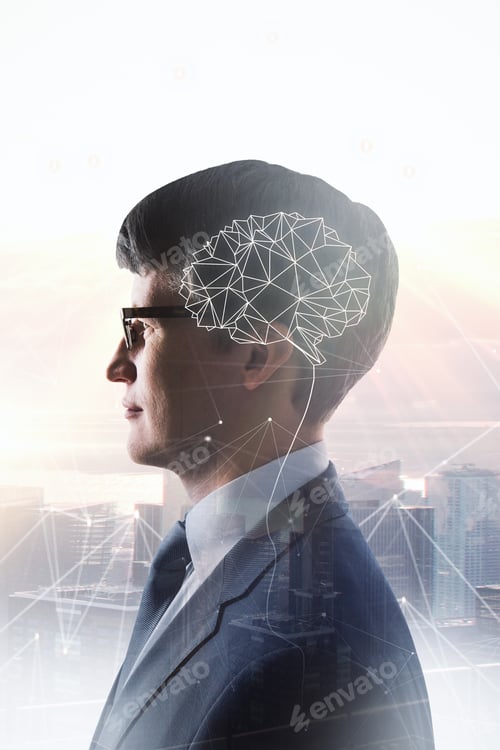Preview: Side View Of Handsome Young European Businessman With Polygonal Brain Standing On Abstract City