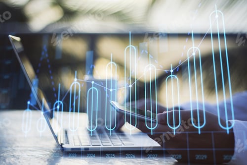 Preview: Close Up Of Businessman Hands Using Laptop And Smartphone With Growing Annual Business Chart Report