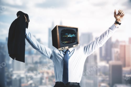 Preview: Happy Tv Headed Businessman Standing On City Background. Business And Technology Concept.