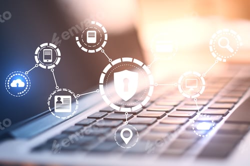 Preview: Close Up Of Laptop With Creative Glowing Digital Padlock Interface On Blurry Background. Safety And
