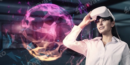 Preview: Attractive Young European Business Woman With Vr Glasses Using Abstract Polygonal Sphere On Blurry
