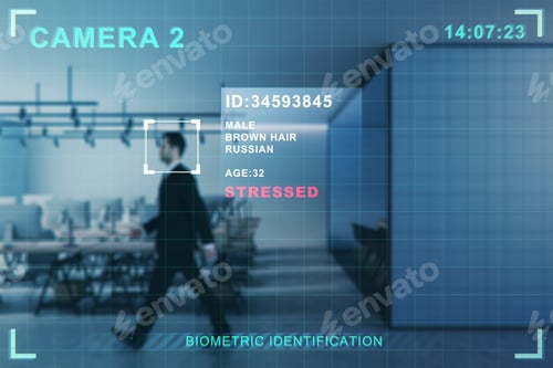 Preview: Security Camera Recognizing Attractive Young European Businessman Walking In Blurry Office