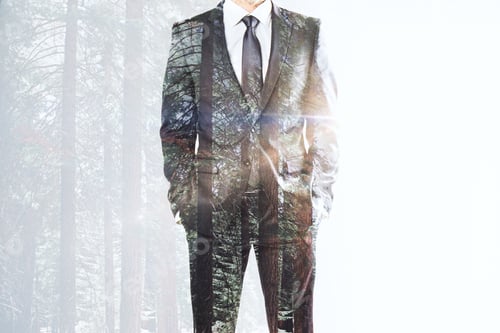Preview: Man Standing On Abstract White Forest Wood Background With Copy Space. Double Exposure