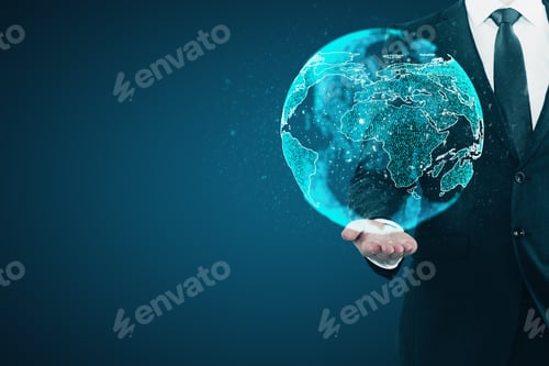 Preview: Businessman Holding Creative Glowing Globe On Blue Background With Copy Space. Communication And