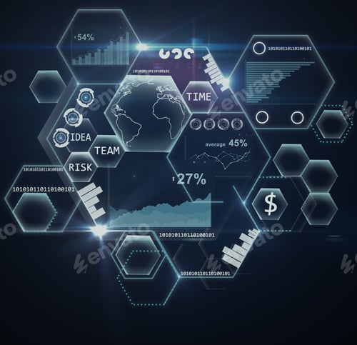 Preview: Abstract Honeycombs With Digital Business Charts And Graphs On Dark Background. Dark Background