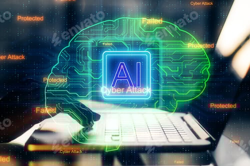 Preview: Side View And Close Up Of Hand Using Laptop With Circuit Brain Hologram. Artificial Intelligence