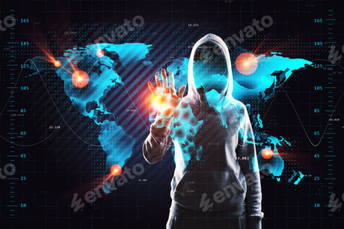 Preview: Haker Using Creative Glowing Map Hologram On Dark Background. Technology, Hacking, Phishing And