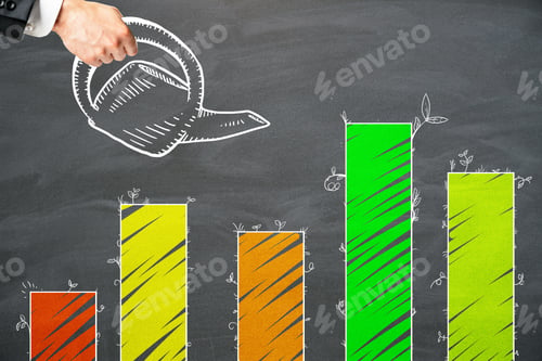 Preview: Side View Of Male Hand Watering Green Business Chart Bars On Chalkboard Background. Sales Concept