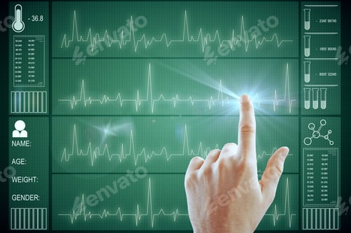 Preview: Hand Using Creative Glowing Heartbeat Hologram On Green Background. Medicine And Cardiology Concept.