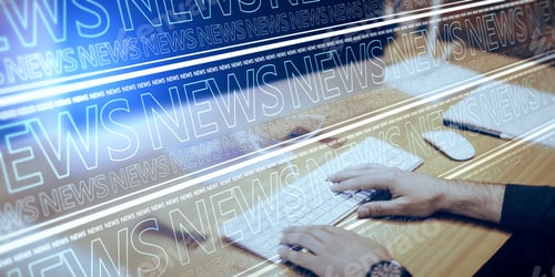 Preview: Close Up Of Hands Using Computer At Office Desktop With Abstract Glowing Blue Breaking News Pattern