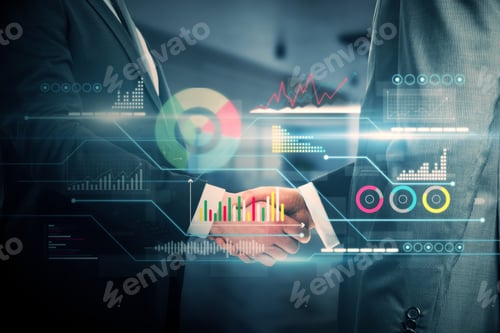 Preview: Businessmen Shaking Hands With Digital Business Chart Interface On Blurry Office Interior