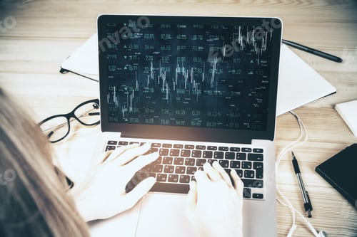 Preview: Creative Workplace With Hands Using Laptop With Forex Chart On Screen. Trade And Market Concept