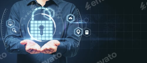Preview: Blank Dark Backdrop With Digital Lock Symbol Above Open Man Palms, Personal Data Security Concept