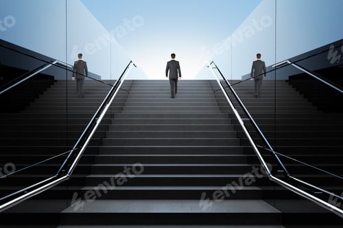 Preview: Black Stairs In Pedestrian Subway With Businessman And Clear Blue Skies With Sunshine. 3D Render