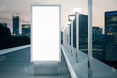 Preview: Empty Rectangular Poster On Night Street In Modern City. Advertisement And Retail Concept. Mock Up