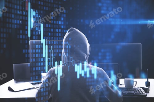 Preview: Hacker Using Computer With Business Scheme And Financial Analytics. Hacking And Cyber Attack