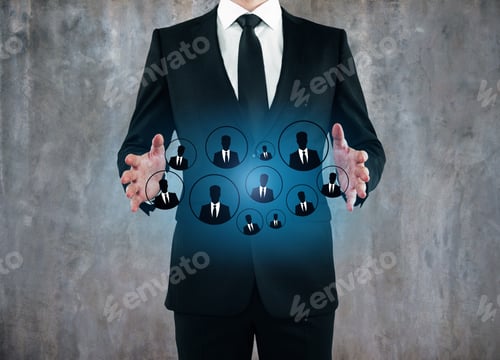 Preview: Businessman Holding Glowing Hr Hologram On Concrete Wall Background. Recruiting Concept