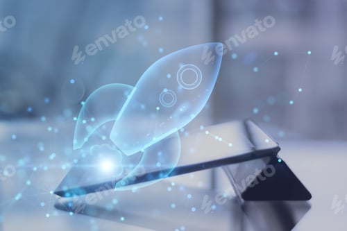 Preview: Close Up Of Tablet With Abstract Glowing Blue Rocket Space Ship On Blurry Background. Startup And