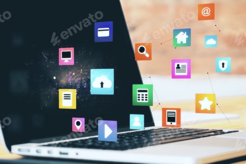 Preview: Office With Laptop On Table And Color Cloud Computing Diagram. Business And Technology Concept.