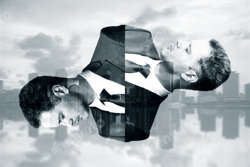 Preview: Two Abstract Portraits Of Handsome Young Men On Creative City Background. Double Exposure