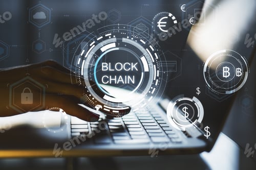 Preview: Close Up Of Hands Using Laptop With Digital Business Interface. Blockchain And Security Concept