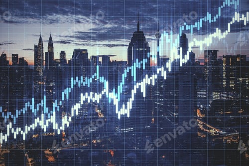Preview: Stock Charts Hologram On Modern Downtown Background. Business Trading Concept. Double Exposure