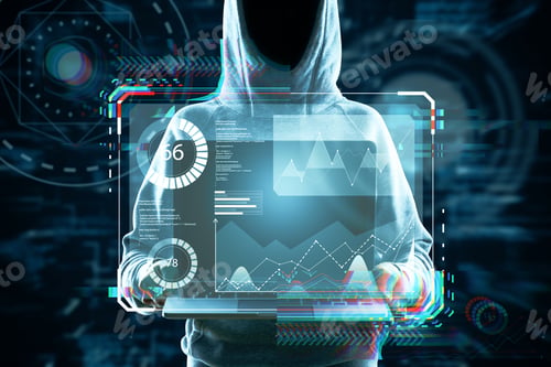 Preview: Hacker Holding Laptop With Abstract Glowing Business Hologram Interface On Dark Background