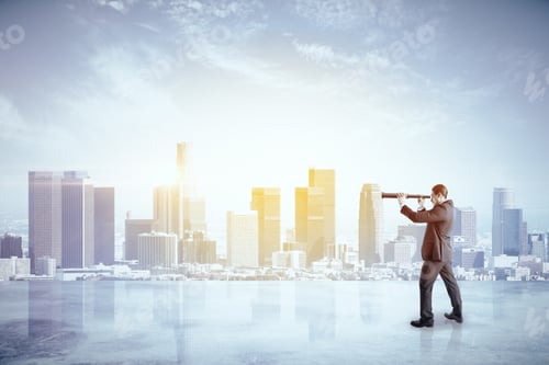 Preview: Young Businessman In Suit Using Binoculars On City Background. Research And Vision Concept