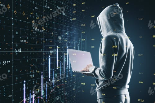 Preview: Side View Of Hacker Using Laptop With Abstract Big Data Hologram. Technology And Innovation
