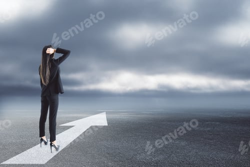 Preview: Back View Of Thoughtful Young Businesswoman Standing On Dull Sky Background With Arrow. Forward And