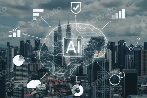 Preview: Creative Ai Circuit Brain With Icons On Blurry Kuala Lumpur City Background. Artificial