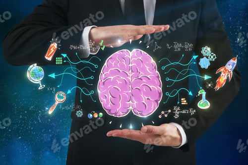 Preview: Businessman Holding Abstract Business Sketch On Blurry Blue Background. Brainstorming And Solution