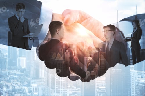 Preview: Handshake On Creative City Background. Businessmen And Women Working Together. Success And