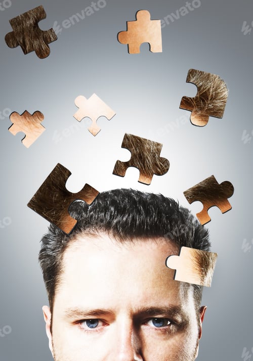 Preview: Puzzle Headed Businessman On Gray Background. Confusion And Maze Concept