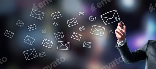 Preview: Businessman Drawing Envelopes On Blurry Dark Background. Email Network And Mobile Marketing Concept