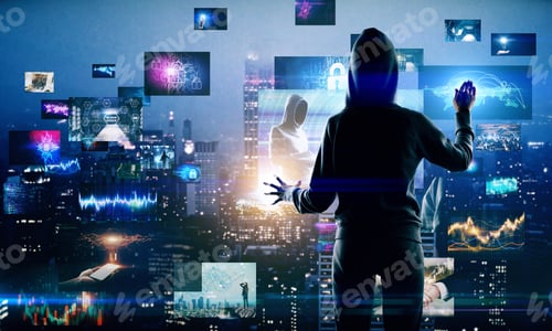 Preview: Hacker Using Abstract Digital Picture Gallery On Blurry Night City Background. Social Media And