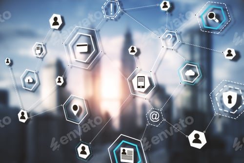 Preview: Online Computer Cloud Diagram On A Blurry City Background. Data Interface And Innovation Concept