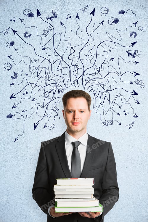 Preview: Businessman Holding Books On Abstract Concrete Background With Drawin Arrows. Choice And Education
