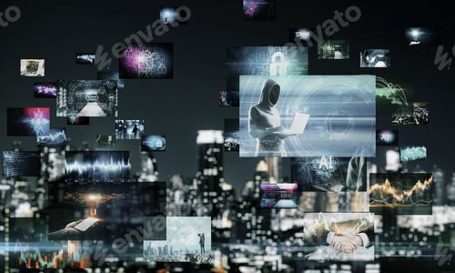 Preview: Abstract Digital Picture Gallery On Blurry Night City Background. Social Media And Cloud Computing