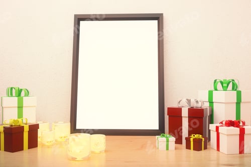 Preview: Blank Picture Frame With Gift Boxes And Glowing Candlesticks On Wooden Floor At White Background