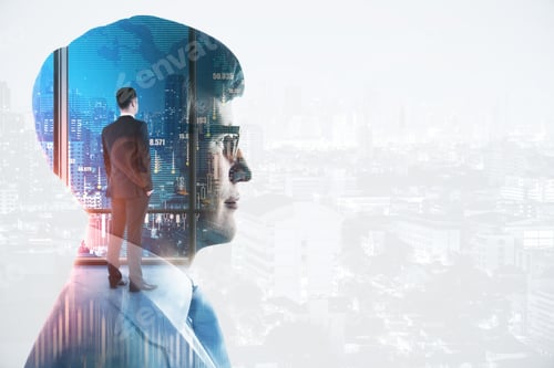 Preview: Thinking Young Businessman Standing On Abstract White City Background With Forex Chart And Mockup