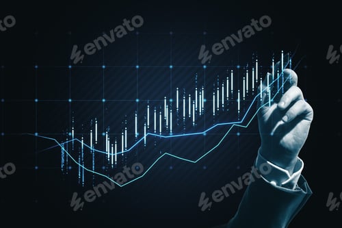 Preview: Businessman Hand Pointing At Creative Blue Business Chart On Dark Background. Stock And Growth