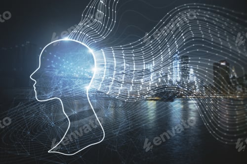 Preview: Creative Digital Head Outline On Blurry Night City Background. Artificial Intelligence And Machine