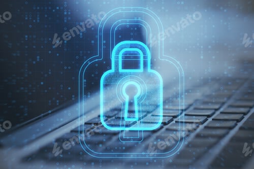 Preview: Close Up Of Laptop With Glowing Padlock Hologram On Blurry Background. Internet Safety And Security