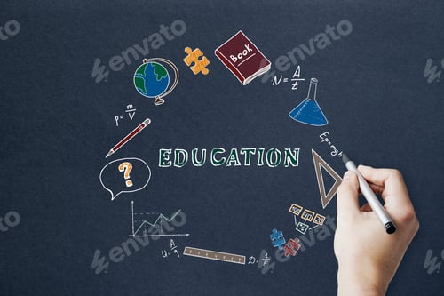 Preview: Knowledge And Science Concept. Creative Hand Drawn Educational Sketch On Dark Paper Background