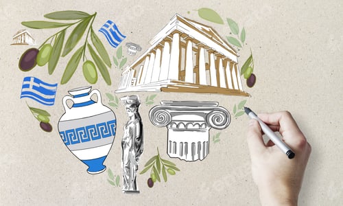 Preview: Travel To Greece Concept With Hand Drawing Traditional Greek Symbols: Olives, Architecture And The